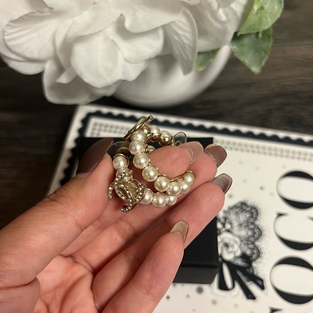 Chanel Gold 5 & Crystal CC Faux Pearl Hoop Earrings - Picture 9 of 10